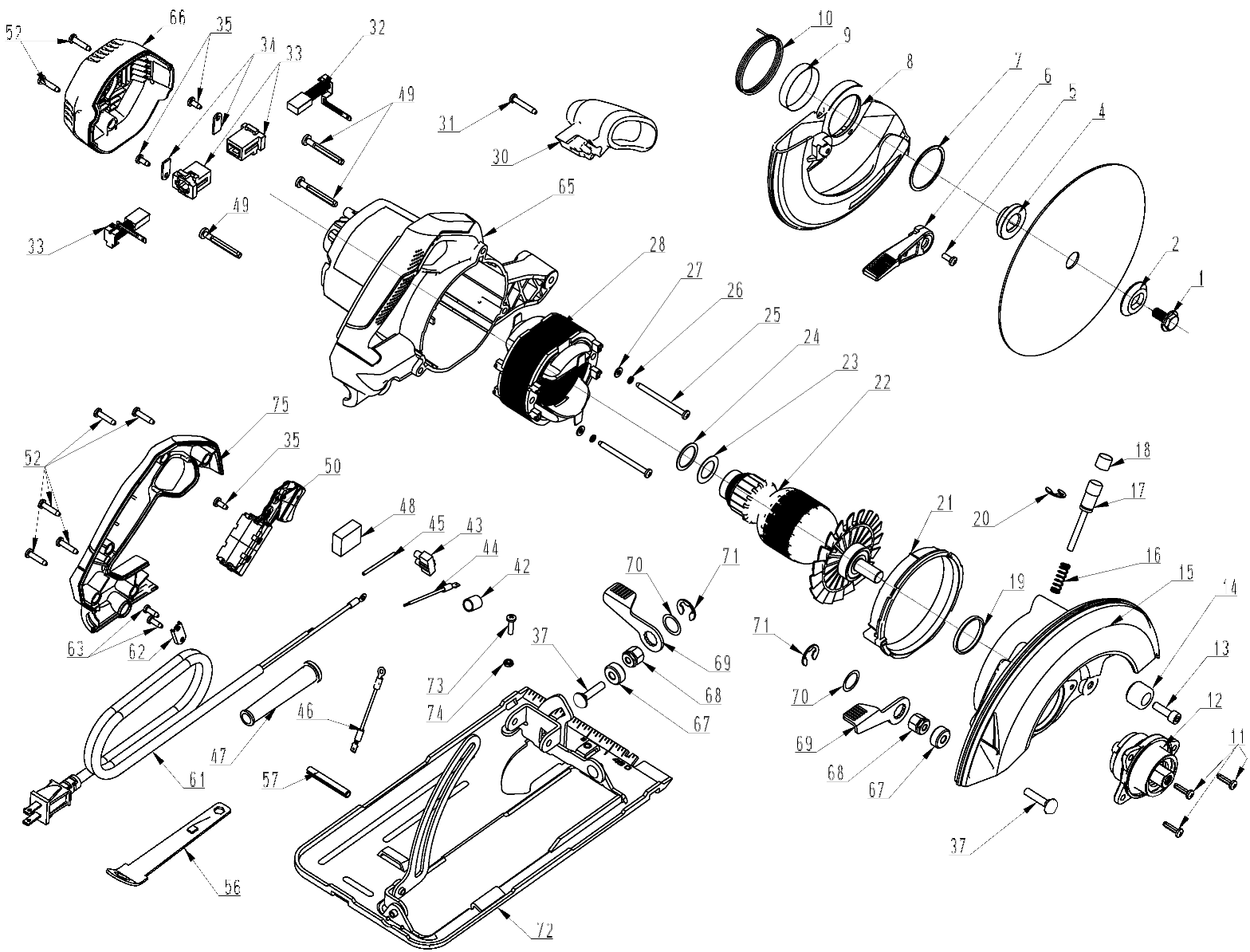 Default Diagram and Parts List for PC15TCS Type 1 Porter Cable Circular Saw